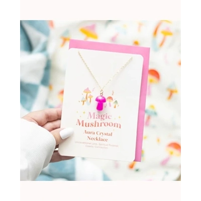 Pink Aura Crystal Mushroom Necklace Greeting Card