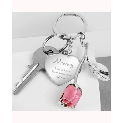 Personalised Silver Plated Swirls & Hearts Pink Rose Keyring Personalised Silver Plated Swirls & Hearts Pink Rose Keyring