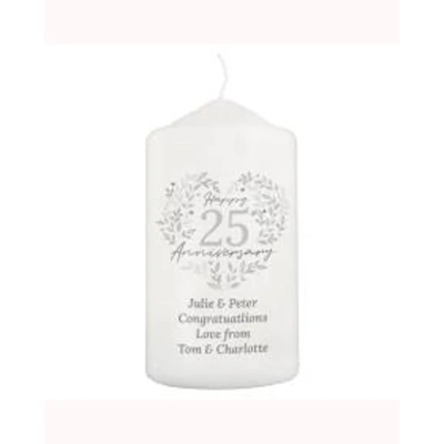 Personalised 25th Silver Wedding Anniversary Pillar Candle