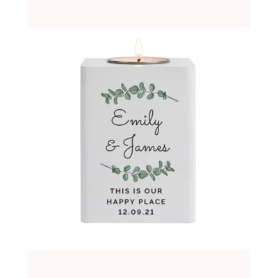 Personalised Botanical White Wooden Tea Light Holder Personalised Botanical White Wooden Tea Light Holder
