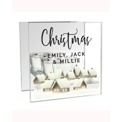 Personalised Christmas Village Mirrored Glass Tea Light Holder Personalised Christmas Village Mirrored Glass Tea Light Holder