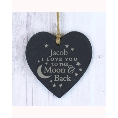Personalised Engraved Moon and Back Slate Heart Decoration