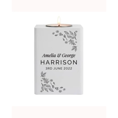 Personalised Floral Leaf White Wooden Tea Light Holder Personalised Floral Leaf White Wooden Tea Light Holder