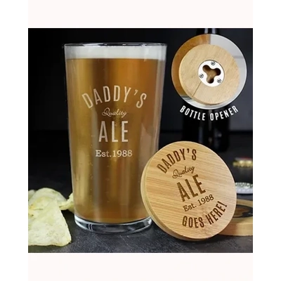 Personalised Free Text Bamboo Bottle Opener Coaster and Pint Glass Personalised Free Text Bamboo Bottle Opener Coaster and Pint Glass
