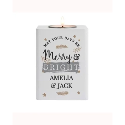 Personalised Merry & Bright White Wooden Tea Light Holder Personalised Merry & Bright White Wooden Tea Light Holder