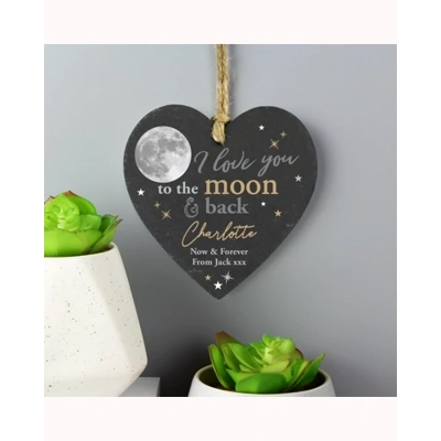 Personalised Moon and Back Slate Heart Decoration Personalised Moon and Back Slate Heart Decoration