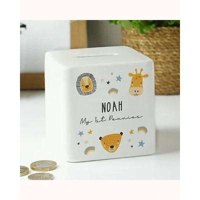 Personalised Scandi Safari Animals Ceramic Square Money Box Personalised Scandi Safari Animals Ceramic Square Money Box