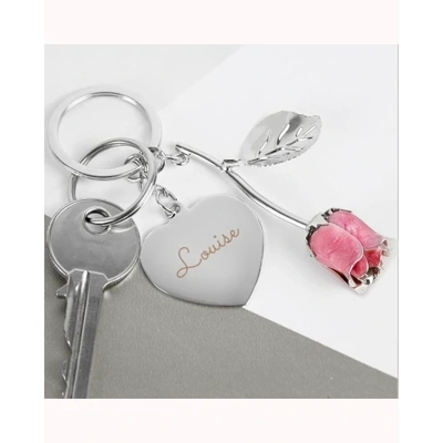 Personalised Silver Plated Name Pink Rose Keyring Personalised Silver Plated Name Pink Rose Keyring