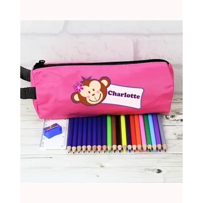Pink Monkey Pencil Case with Personalised Pencils & Crayons Pink Monkey Pencil Case with Personalised Pencils & Crayons