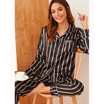 Striped Satin PJ Set black
