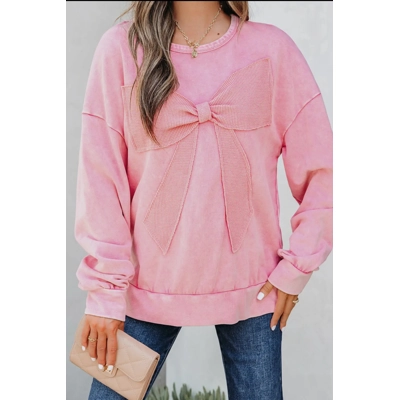 Bright Pink Mineral Wash Big Bow Patchwork Pullover