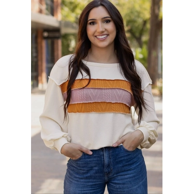 White Corded Exposed Seam Knit Patchwork top