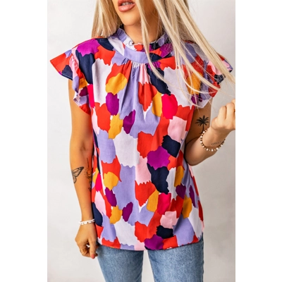 Fiery Red Ruffle Cap Sleeve Frill Mock Neck Printed Top