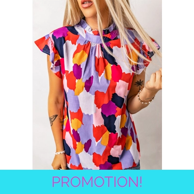 Fiery Red Ruffle Cap Sleeve Frill Mock Neck Printed Top Fiery Red Ruffle Cap Sleeve Frill Mock Neck Printed Top