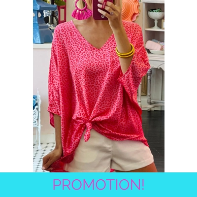 Rose Leopard Print Oversized Half Sleeve V Neck Top Rose Leopard Print Oversized Half Sleeve V Neck Top