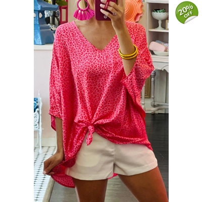 Rose Leopard Print Oversized Half Sleeve V Neck Top