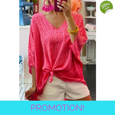 Rose Leopard Print Oversized Half Sleeve V Neck Top