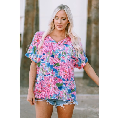 Pink Floral Print Loose Fit V Neck T Shirt