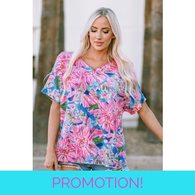 Pink Floral Print Loose Fit V Neck T Shirt Pink Floral Print Loose Fit V Neck T Shirt