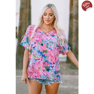 Pink Floral Print Loose Fit V Neck T Shirt