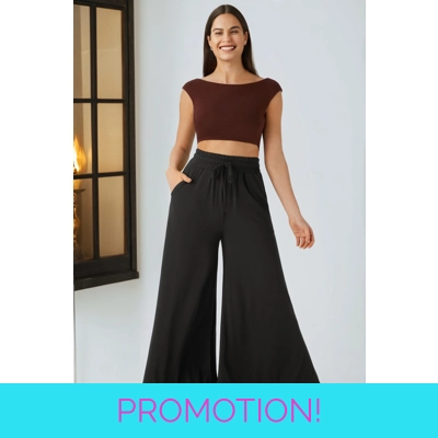Black Ruffled Wide Leg Pull On High Waist Pants with Pockets