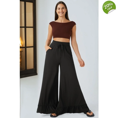 Black Ruffled Wide Leg Pull On High Waist Pants with Pockets