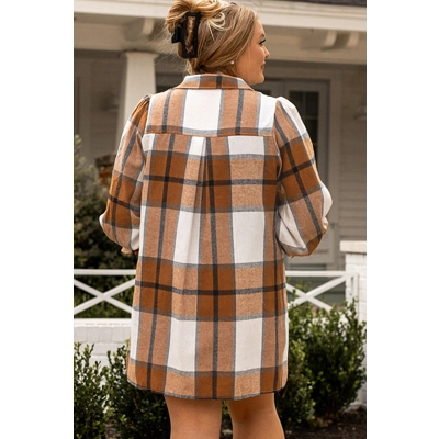 Khaki Plus Size Plaid Flounce Sleeve Button up Shirt Dress