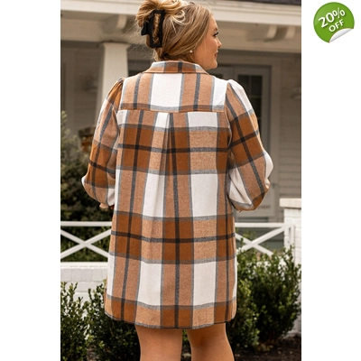 Khaki Plus Size Plaid Flounce Sleeve Button up Shirt Dress