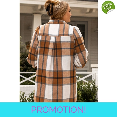 Khaki Plus Size Plaid Flounce Sleeve Button up Shirt Dress