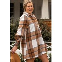 Khaki Plus Size Plaid Flounce Sleeve Button up Shirt Dress