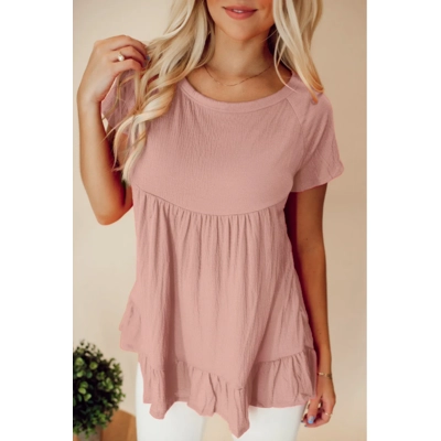 Pink Solid Short Sleeve Ruffle Hem Top