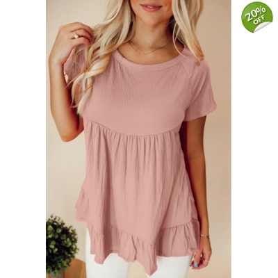Pink Solid Short Sleeve Ruffle Hem Top