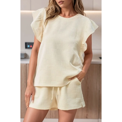 Apricot Textured Ruffled Sleeve Tee and Drawstring Shorts Set