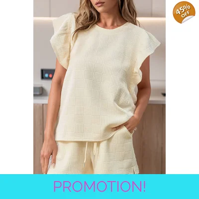 Apricot Textured Ruffled Sleeve Tee and Drawstring Shorts ..