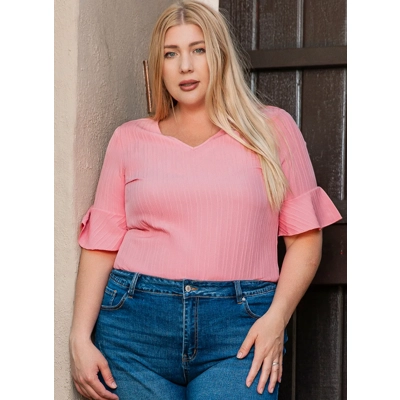 Peach Blossom Ruffled Half Sleeve V Neck Textured Plus Top
