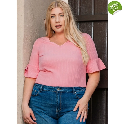 Peach Blossom Ruffled Half Sleeve V Neck Textured Plus Top