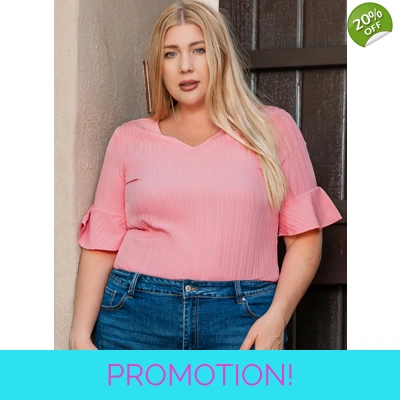 Peach Blossom Ruffled Half Sleeve V Neck Textured Plus Top