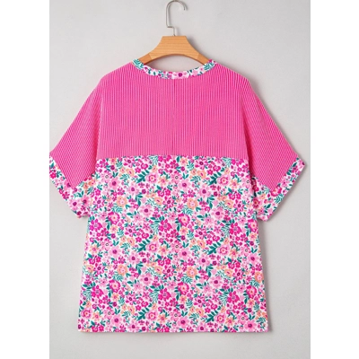 Pink Plus Size Floral Print Corded Patchwork Loose Top