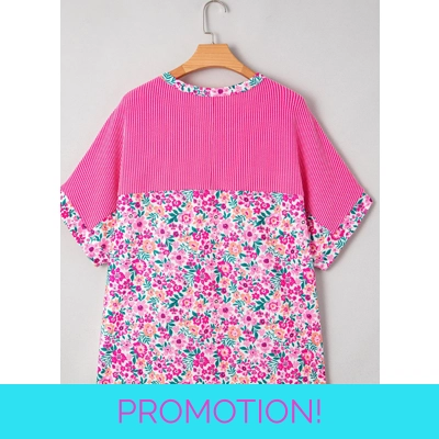 Pink Plus Size Floral Print Corded Patchwork Loose Top Pink Plus Size Floral Print Corded Patchwork Loose Top