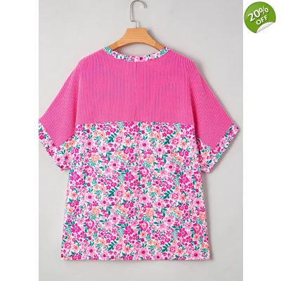 Pink Plus Size Floral Print Corded Patchwork Loose Top