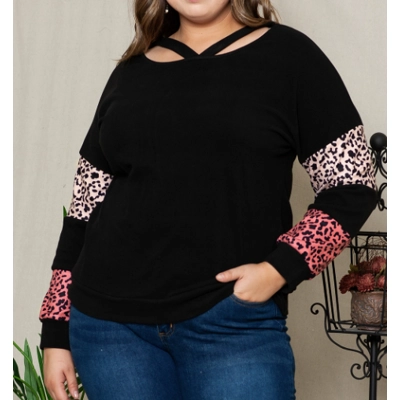 Black Plus Size Leopard Patchwork Strappy Neck Top