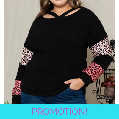 Black Plus Size Leopard Patchwork Strappy Neck Top Black Plus Size Leopard Patchwork Strappy Neck Top