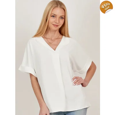 Solid Collared Short Sleeve Loose Boxy Top