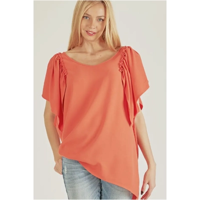 Solid Short Ruffle Sleeve Loose Fitting Top