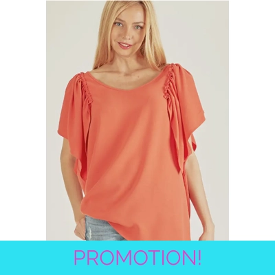 Solid Short Ruffle Sleeve Loose Fitting Top Solid Short Ruffle Sleeve Loose Fitting Top