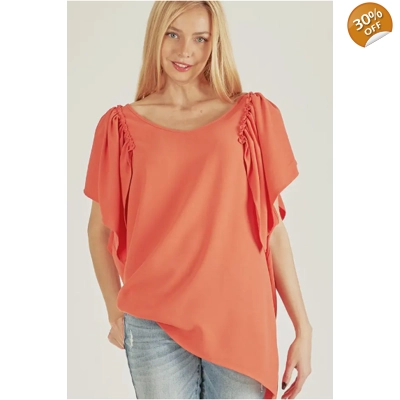 Solid Short Ruffle Sleeve Loose Fitting Top
