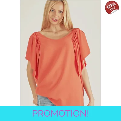 Solid Short Ruffle Sleeve Loose Fitting Top