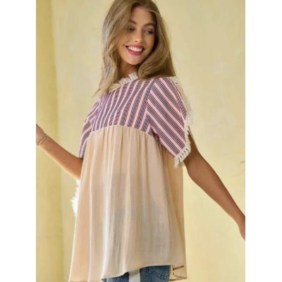 Embroidered Ruffled Round Neck Short Sleeve Top