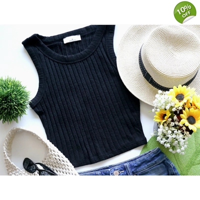 Black Ribbed Sleeveless Crop Tank Top