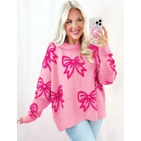 Pink Bow Pattern Drop Shoulder Loose Sweater